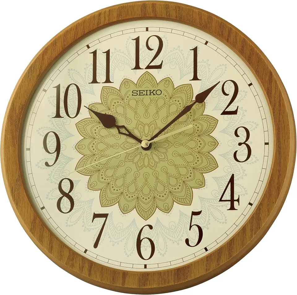 SEIKO QXA857BLH Wood Case with Floral Motif Dial Non Ticking Wall Clock, Brown, 12 Inch