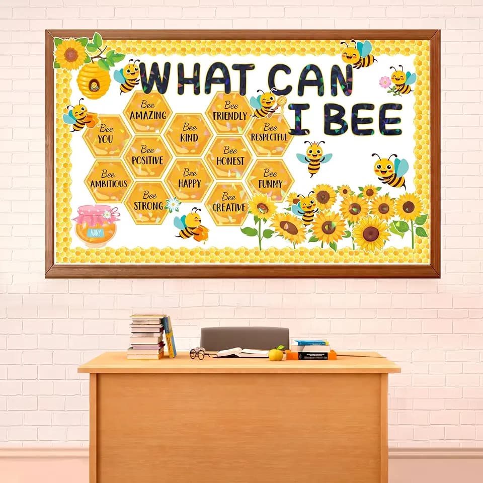 63 Pcs Bee Bulletin Board Decorations Holographic Classroom Cutouts