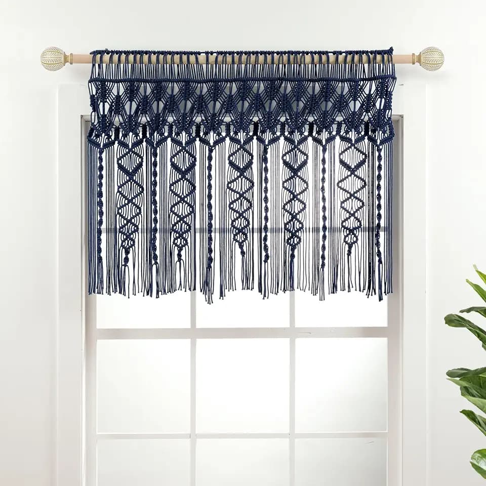 Lush Decor Boho Macrame Textured Cotton Valance, 40" W x 30" L, Navy - Boho Kitchen Curtains & Wall Decor - Macrame Valance - Bathroom Window Curtains
