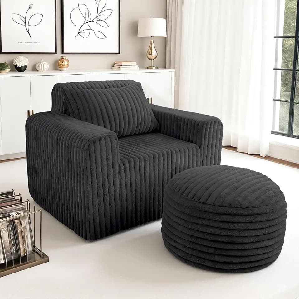 HABUTWAY Giant Bean Bag Chair w/Ottoman & Pillow for Adults,Black