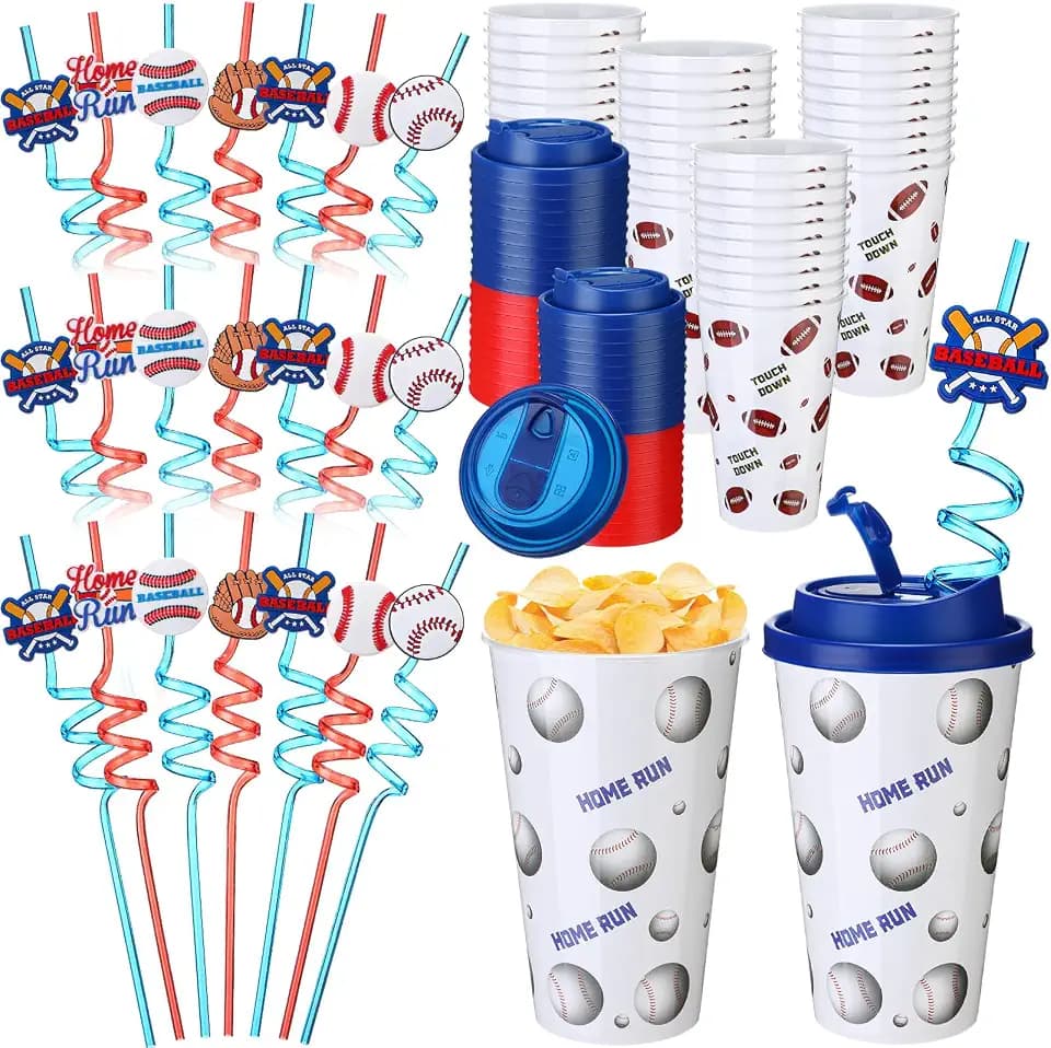 Remerry 24 Set Baseball Party Favors Goodie Bag Stuffers Goodie Cups with Lids and Spiral Straws 16 oz Reusable Plastic Tumblers for Team Senior Night Gifts Birthday Party Supplies