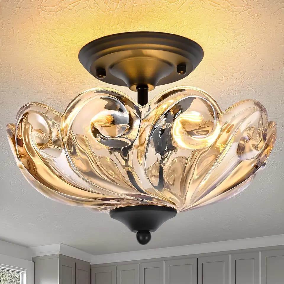 Modern Semi Flush Mount Ceiling Light, 3-Light Black Close to Ceiling Light Fixture with Amber Glass Shade for Bedroom Living Room Entryway