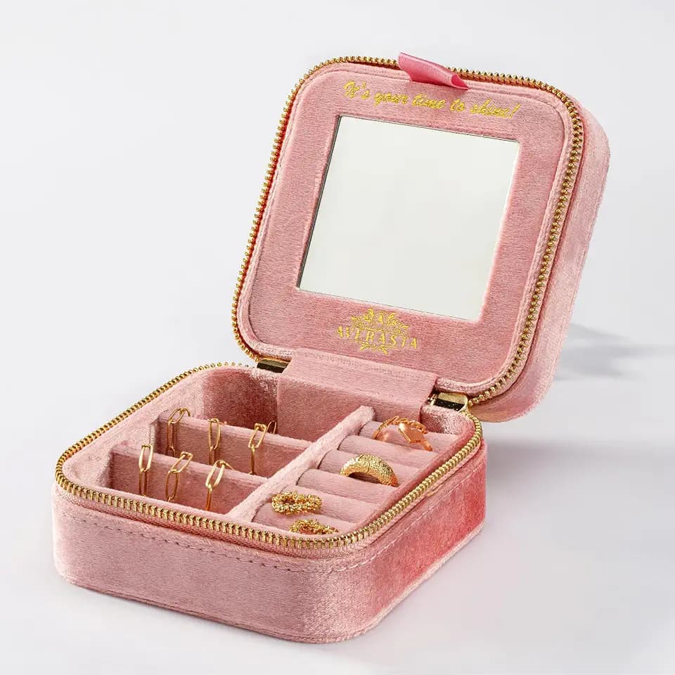 Luxury Travel Jewelry Case - Plush Velvet Jewelry Box - Travel Jewelry Organizer with Mirror - Gifts for Women, Mom, Wife, Girlfriend, Her – Rose Pink