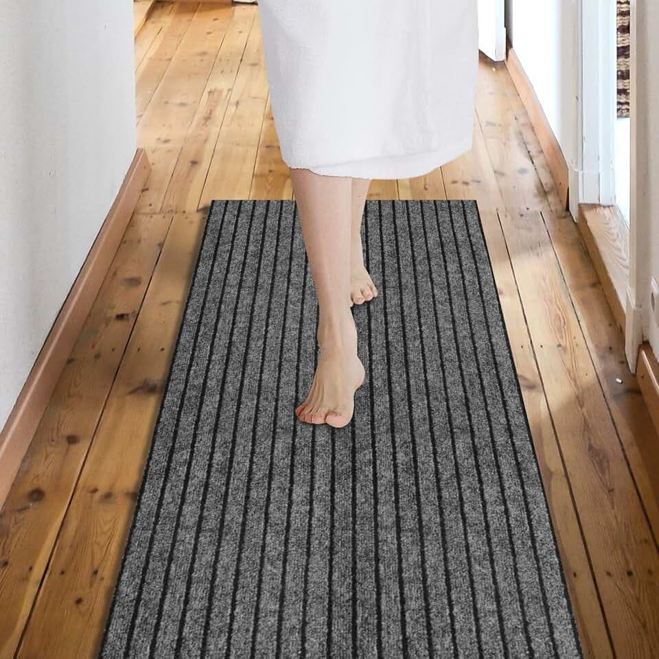 Custom Size Backed Non-Slip Area Rugs Runner, Easy Clean, Waterproof Runner Rugs for Hallway Entryway, Kitchen, Laundry, 2FT x 8FT, Gray Stripe