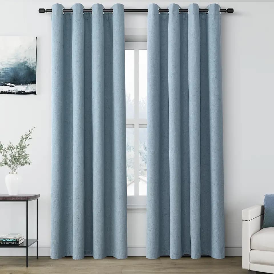 Grommet Blue 100% Blackout Linen Curtains 84 inches Long for Bedroom Full Light Blocking Thermal Insulated Black Out Curtain Panels 84 Inch Length Energy Saving Room Darkening White Backing 52x84