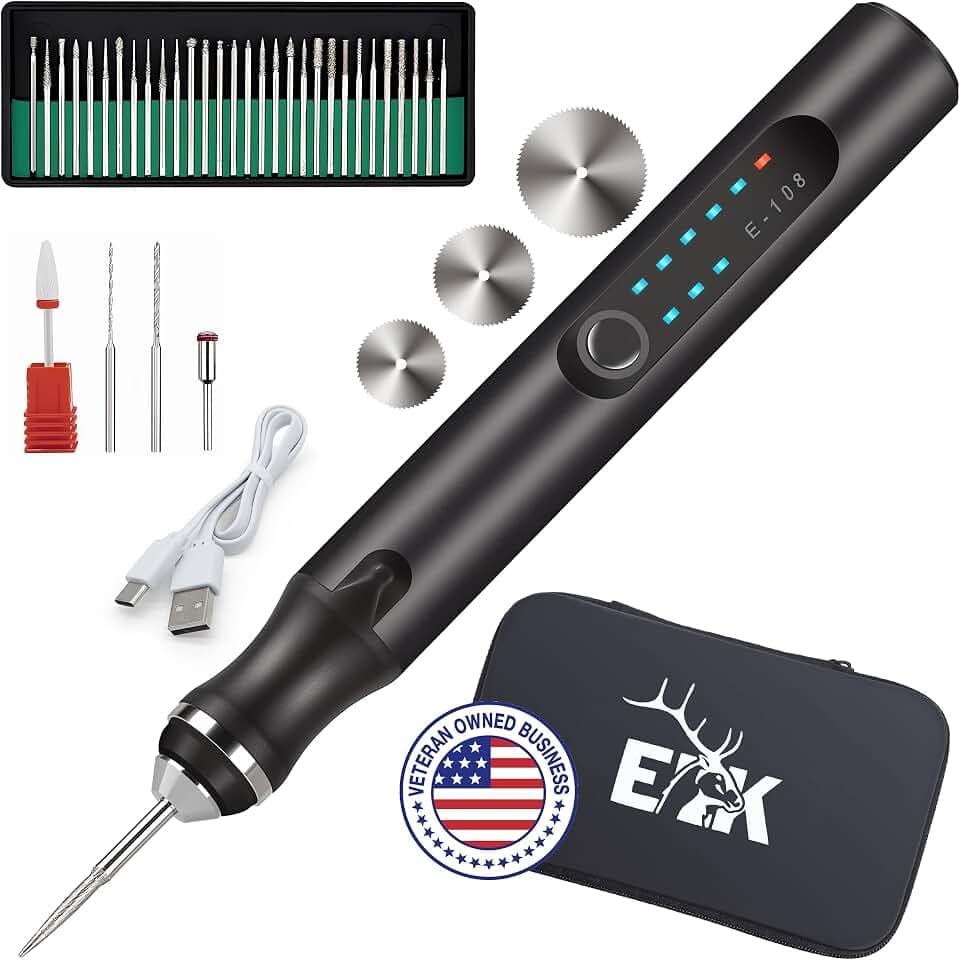 ELK Engraving Pen for All Materials - 2025 Upgraded Torque - Rechargeable, Wireless & Beginner Friendly - Engrave 50+ Surfaces - for DIYers & Artists - 30+ Bits & Tools Included - Black