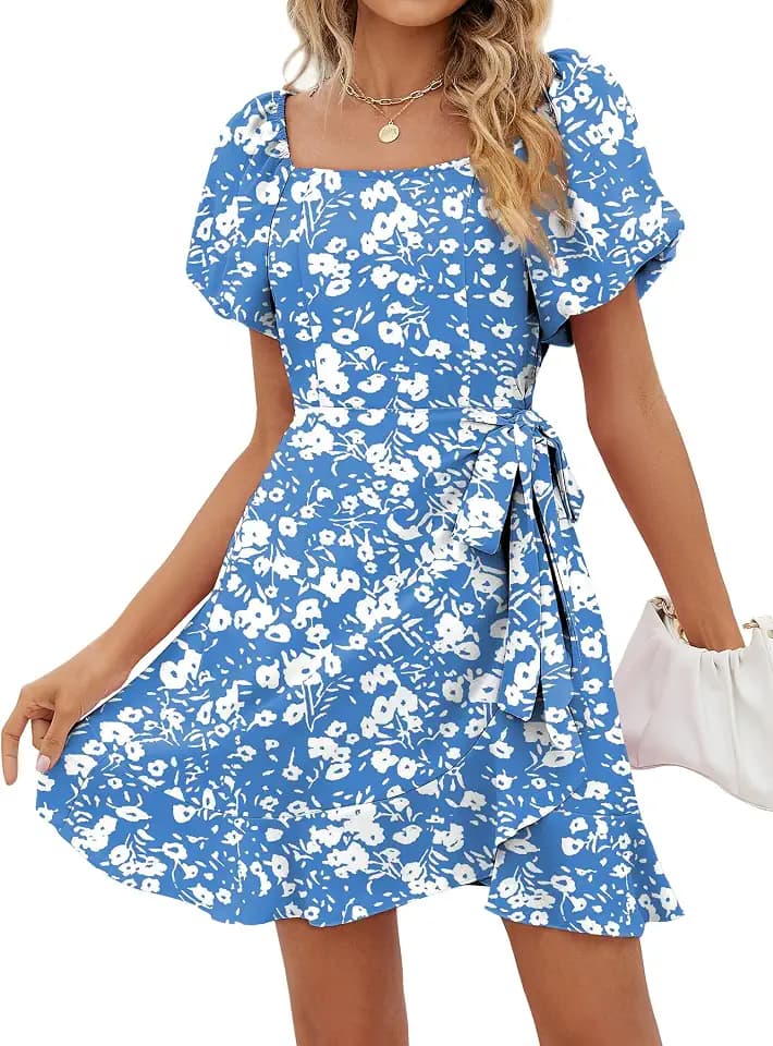 Sampeel Womens Summer Dresses Square Neck Puff Sleeve Tie Waist Short Dress