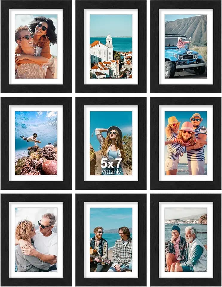 Vittanly 5x7 Picture Frames Set of 9 for Wall or Tabletop Display, Black