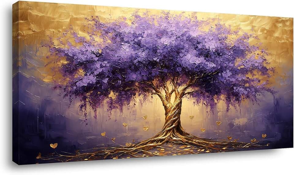 Calming Tree of Life Wall Art for Living Room Office Purple Brown Canvas Painting Prints Large Nature Plant Artwork Home Family Bedroom Decor (23x46 Inches)