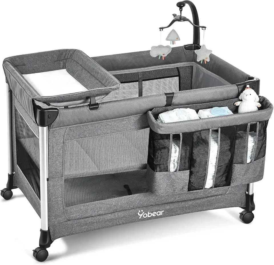 Yobear 4-in-1 Baby Bassinet with Mattress, Baby Playard with One-Push Setup, Bedside Crib with Diaper Changer, Wheels and Storage Organizer for Newborn to Toddler, Grey