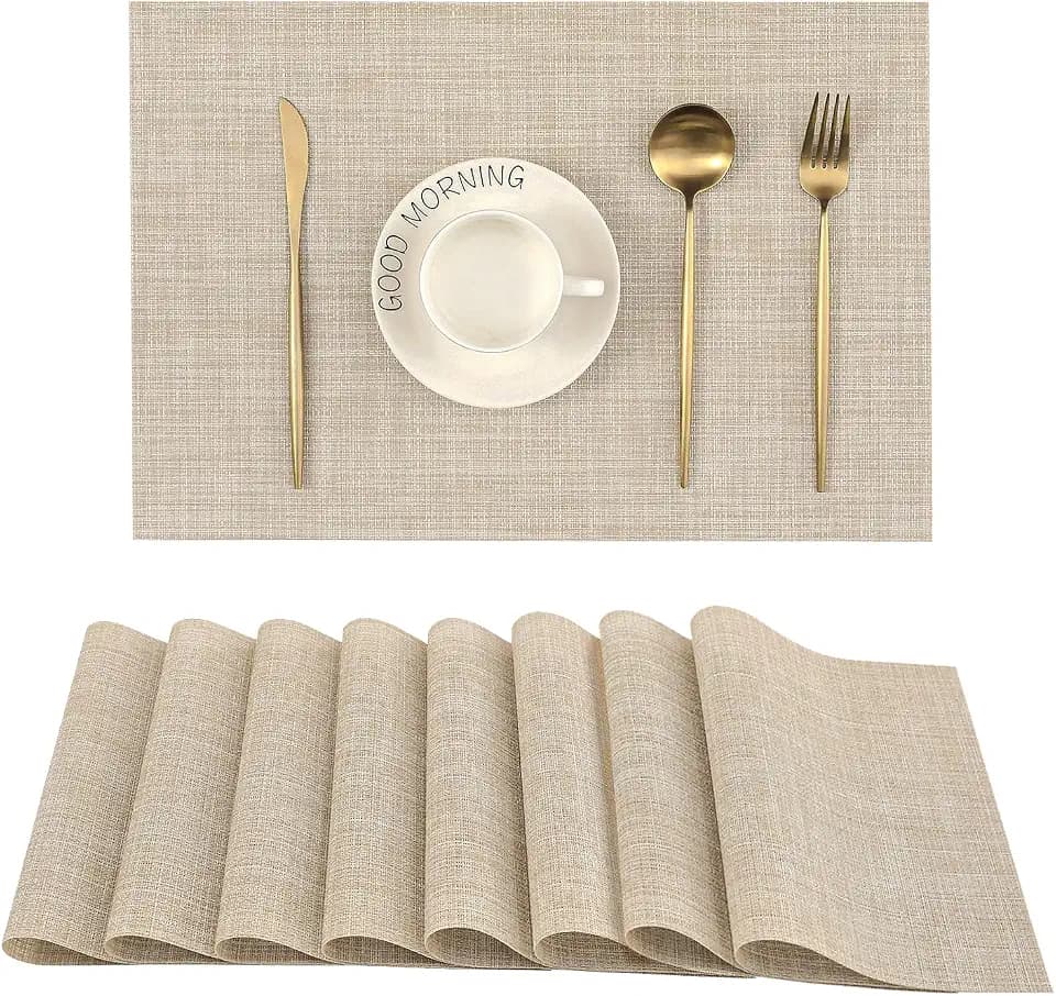 Beige Placemats Set of 8 - Heat-Resistant, Non-Slip Table Mats, Washable Woven Vinyl for Indoor & Outdoor Dining