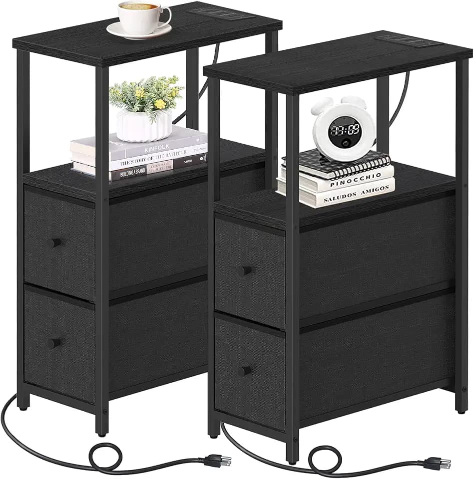 TUTOTAK Narrow End Table with Charging Station, Skinny Side Table