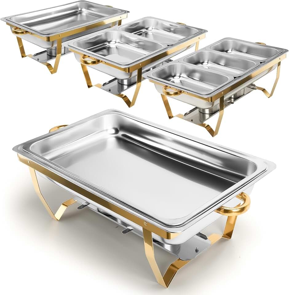 Chafing Dishes for Buffet, 4 Pack Chafing Dish Buffet Set, 9QT Elegant Gold Colors Stainless Steel with Folding Frame Chafing Dish Buffet Set, Food Warmers for Parties, Weddings, Holiday Parties, etc