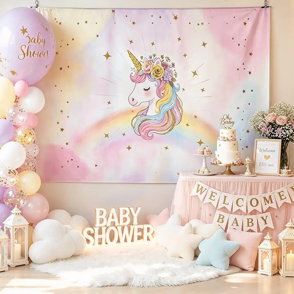 Unicorn Backdrop 7x5FT, Pastel Rainbow Gold Star Unicorn Photography Background for Unicorn Birthday Party Decor, Photo Booth, Studio Photoshoot Prop