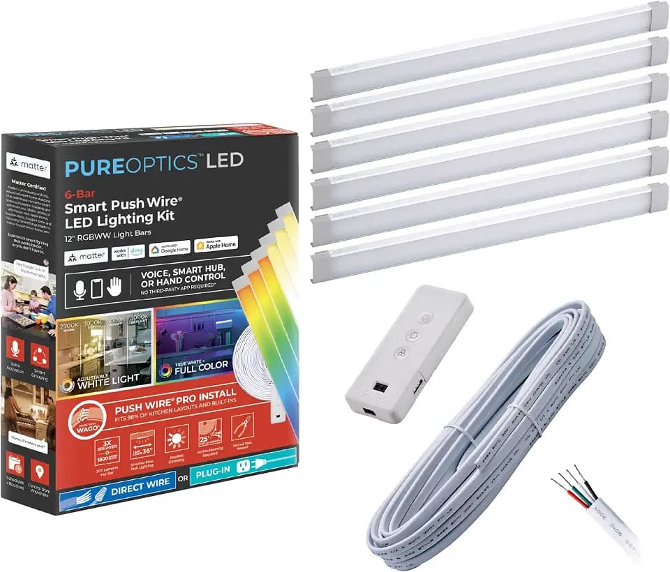 PureOptics LED Professional Push Wire® Matter Certified Smart Under Cabinet Lighting Kit, Adjustable White and RGB LEDs, Works with Alexa, Apple Home, Google Home, (6) 12" Bars