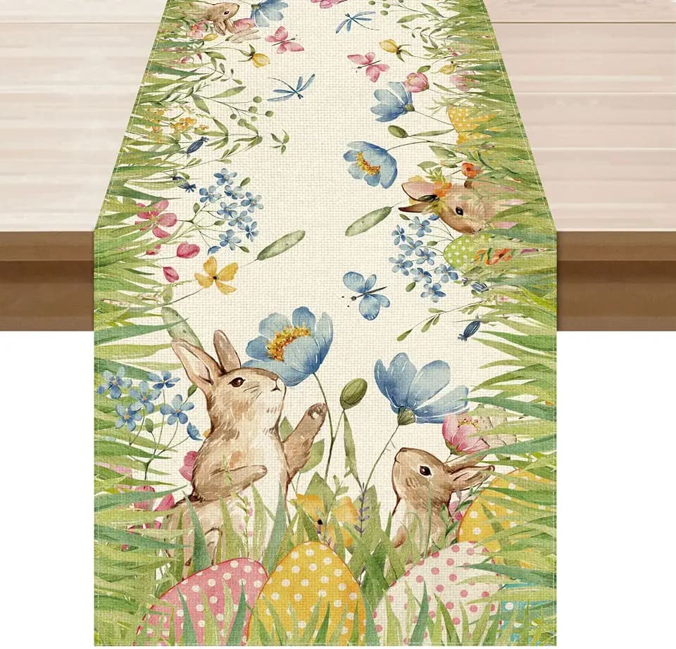 XCHI Watercolor Cute Bunny Eggs Grass Flowers Rabbits Easter Table Runner Table Decoration for Party Home Kitchen Dining Holiday Decor 13x120 Inch