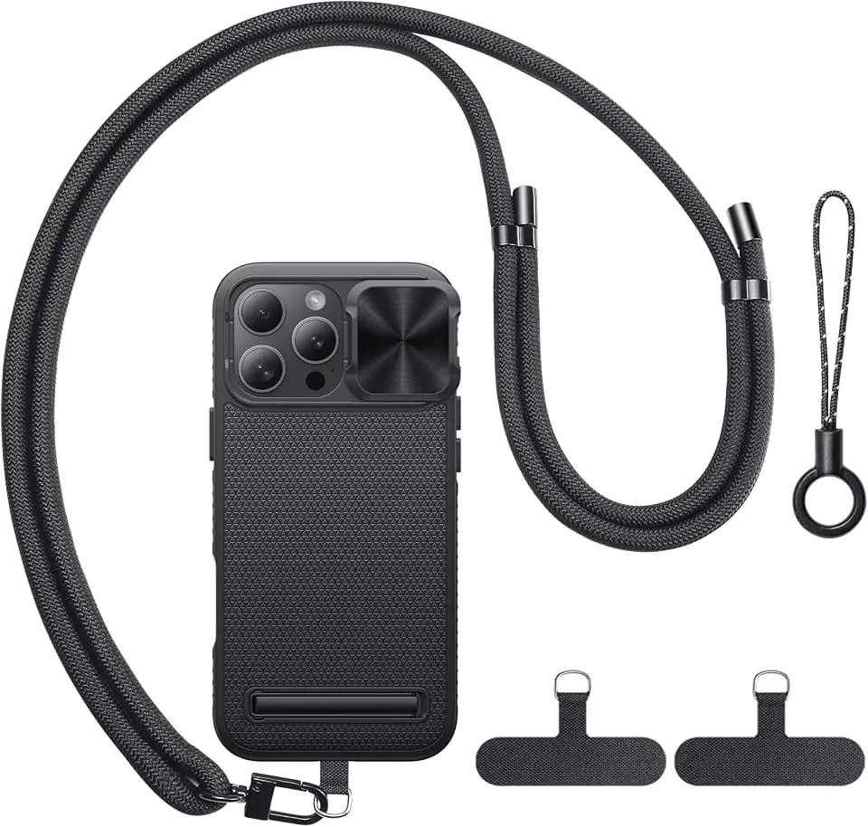 BXYJY for iPhone 16 Pro Case with Strap & Stand, Crossbody Cell Phone Lanyard for Women Men, Magnetic, Slide Camera Cover, Military Grade Drop Proof, Slim Thin Heavy Duty Case for iPhone 16 Pro, Black
