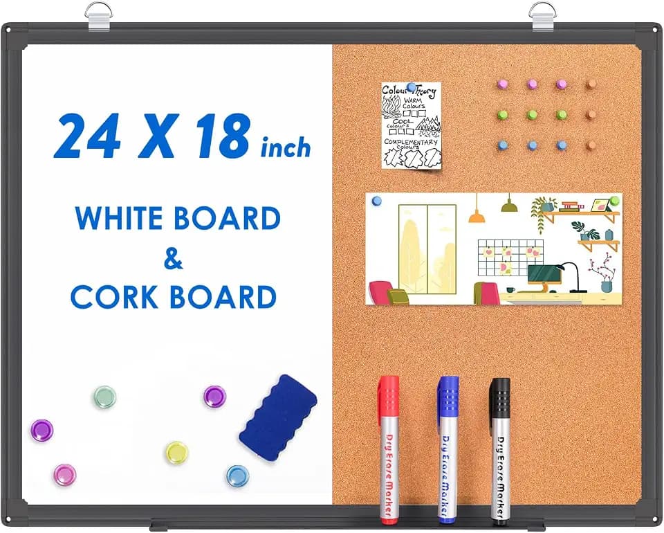 Magnetic White Board and Cork Board Combo 24" x 18" Aluminum Frame(Black)