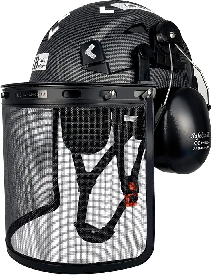 SAFEBUILDER Forestry Safety Helmet with Build-in Visor Mesh Face Shield Ear Muffs 4 in 1 Chainsaw Safety Hard Hats