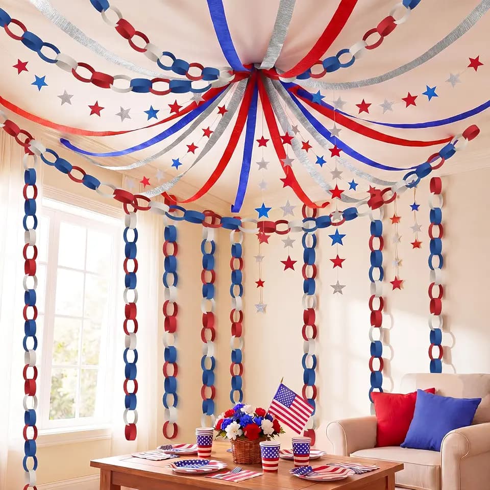 Colarr 4th of July Decorations Set, 300 Sheets Red White Blue Paper Chain Strips, 6 Roll Red Silver Blue Crepe Paper Streamers 492ft, 6 Star Hanging Garlands for Patriotic Independence Day Party Decor