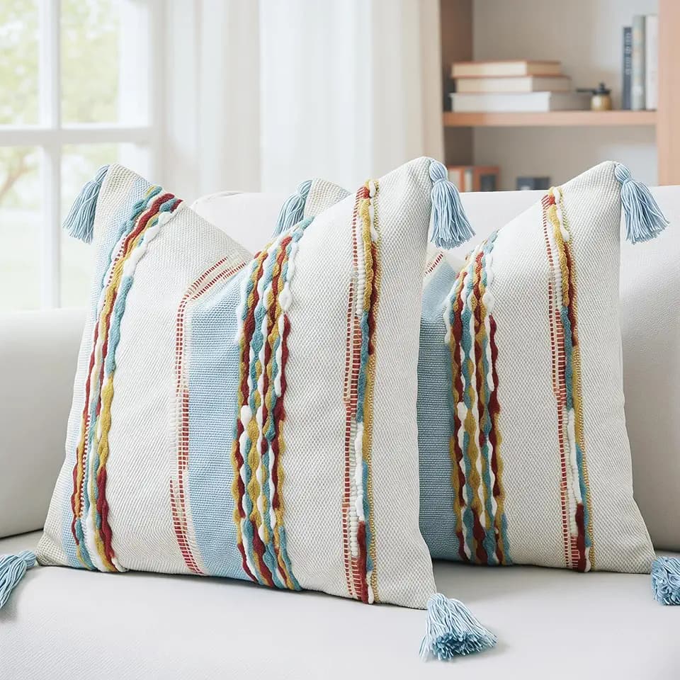 PANOD Chenille Farmhouse Throw Pillow Covers 18 x 18 Blue Brown, Neutral Boucle Couch Pillow Cover, Striped Decorative Boho Coushion Cover Pillow Case for Couch Bed Sofa Bedroom,Modern Accent,Set of 2