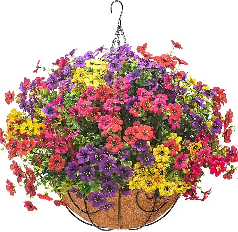 Grunyia Artificial Hanging Flowers Basket with Colorful Silk Daisies & Eucalyptus - UV/Sun-Resistant Plant for Outdoor Porch, Patio, Balcony - Indoor/Outdoor Home Decor