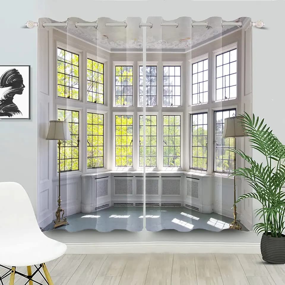 Laeacco Window Landscape Blackout Curtains Nature 3D Window Scenery Curtain Drapes White Modern Balcony Green Trees Room Darkening Curtains for Home Office Bedroom Living Room 21x45 Inch, 2 Panels