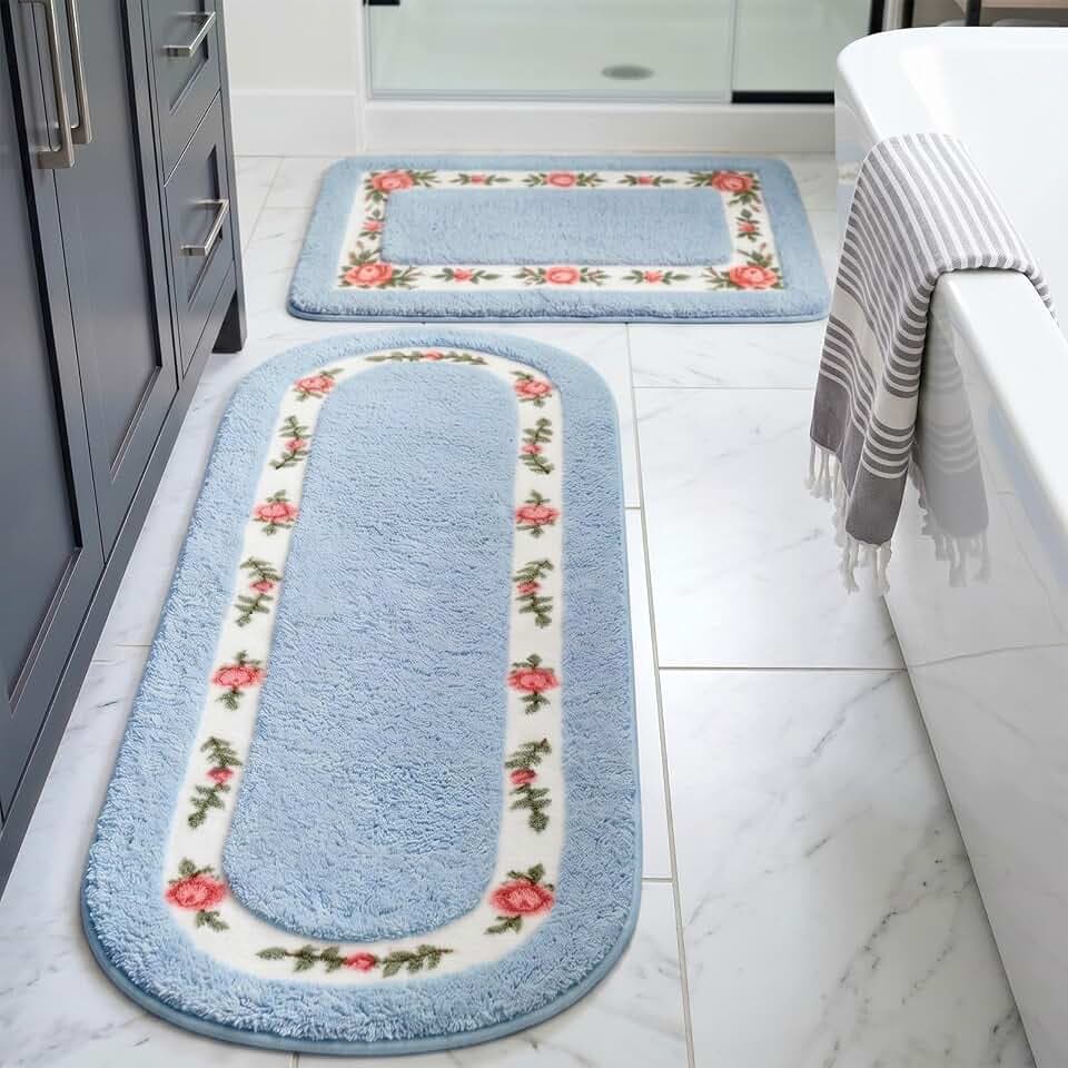 Drydiet 2 Pcs Rose Flowers Bathroom Rugs Set Coquette Room Decor Floral Rugs for Bathroom Bedroom Living Room,Non Skid Absorbent Romantic Rose Flower Area Rugs 2 Shapes(Blue,Small)