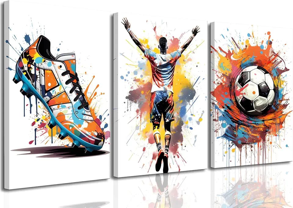 3Pcs Graffiti Soccer Canvas Wall Art Colorful Sneakers Posters Prints Wall Decor Pictures Sports Theme Football Paintings for Bedroom Boys Room Teen Kids Playroom Home Decoration