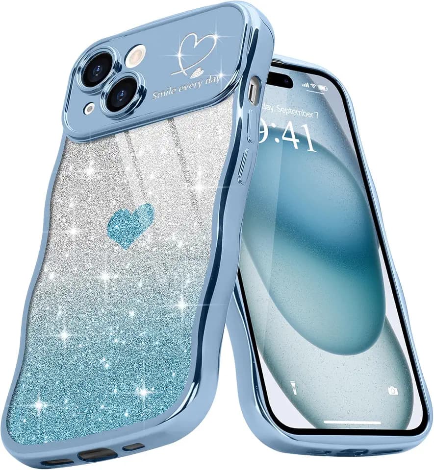 Teageo for iPhone 15 Case for Women Girls Cute Curly Wavy Frame, Blue
