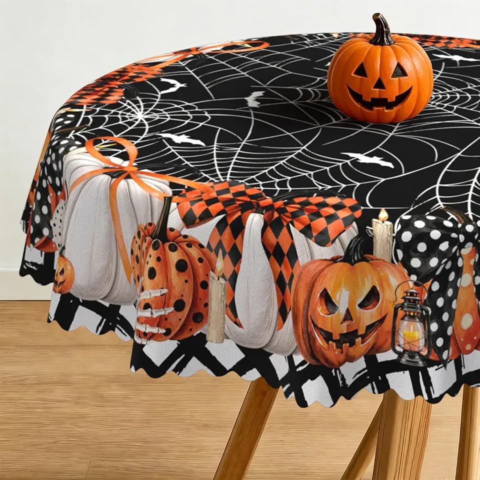Round Halloween Tablecloth 60x60 Inch, Dots Bow Pumpkin Spider Web Bat Table Cloth, Waterproof Wrinkle Resistant Table Cover for Halloween Decorations Decor