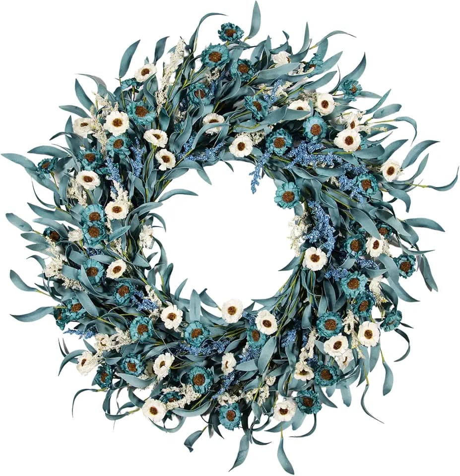 24 Inch Blue Daisy Flower Wreaths for Front Door - Spring Summer Wreath with White Floral, Blue Eucalyptus Leaves &Lavender Farmhouse Indoor Outdoor Decor for Porch, Patio & Entryway