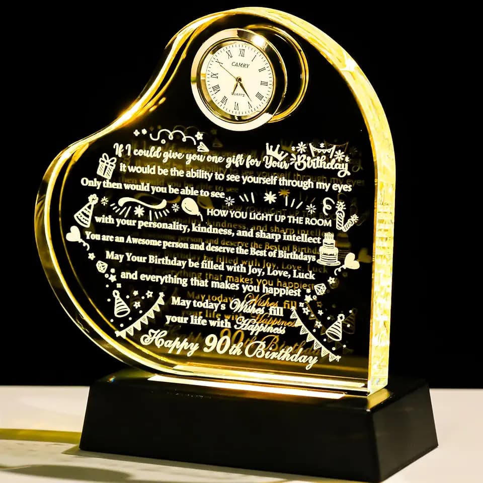 YWHL 90th Birthday Gifts for Women Men with Colorful LED Base Crystal Heart Happy 90th Birthday Presents Decorations, Birthday Gift Ideas for 90 Year Old Mom Dad Grandma Wife Friends Born in 1936