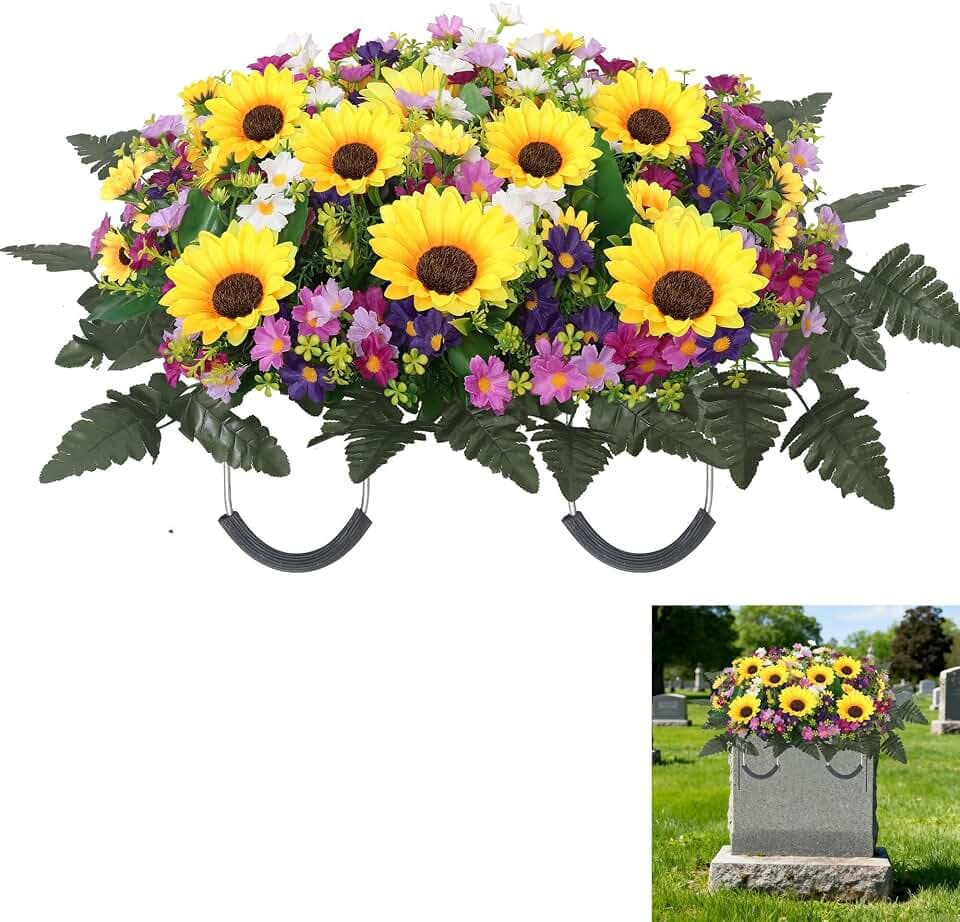 Cemetery Flowers for Grave Large Headstone Flowers Saddles Realistic Artificial Sunflower Wildflowers for Outdoor Grave Decorations (Yellow Purple, Saddle)