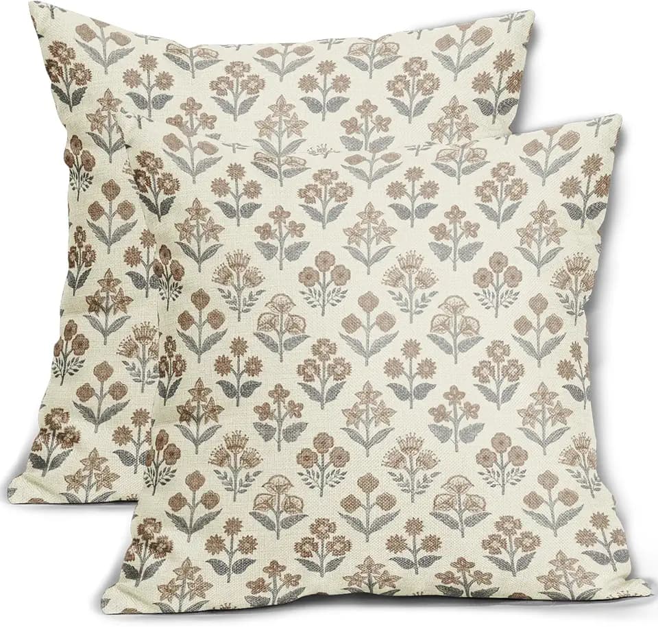 Brown Grey Gray Floral Block Print Pillow Covers 20x20 Inch Set of 2, Vintage Flower Pattern Decorative Throw Pillowcases Outdoor Farmhouse Cushion Covers Spring Summer Rustic Sofa Couch Bed Decor