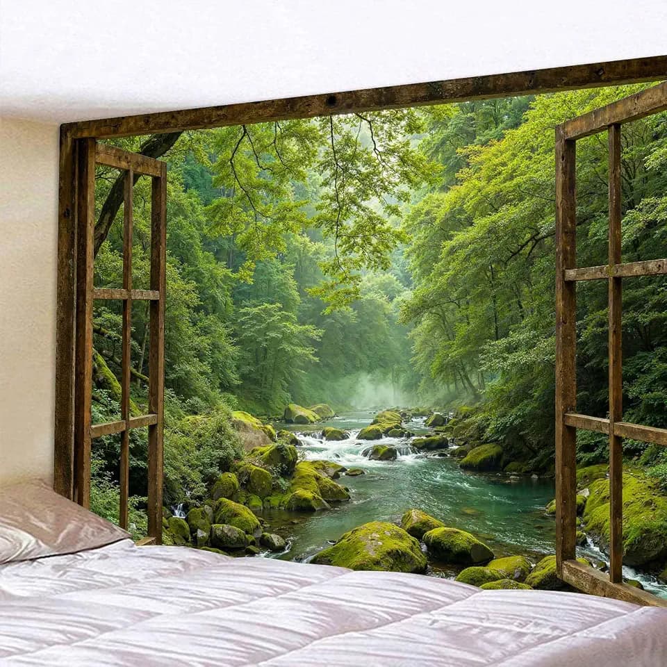 Accnicc Window Forest Tapestry Green Nature Jungle Wall Tapestry for Bedroom Aesthetic Rainforest Stream Outdoor Landscape Extra Large Tapestries Wall Hanging for Dorm Living Room Decor 90 x 68 Inch