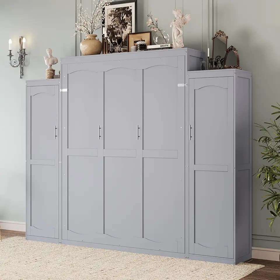 Merax Queen Size Wood Murphy Bed, with 2 Wardrobe and Storage Shelf, Multifunctional Foldable Wall Platform Bedframe for Guest-Room, Bedroom, Gray