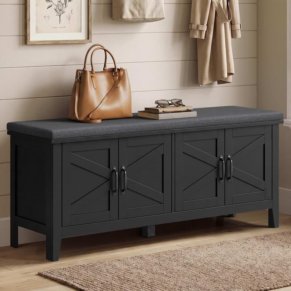 VASAGLE Shoe Bench, Farmhouse Entryway Bench with Cushion,47.2 inches Wide