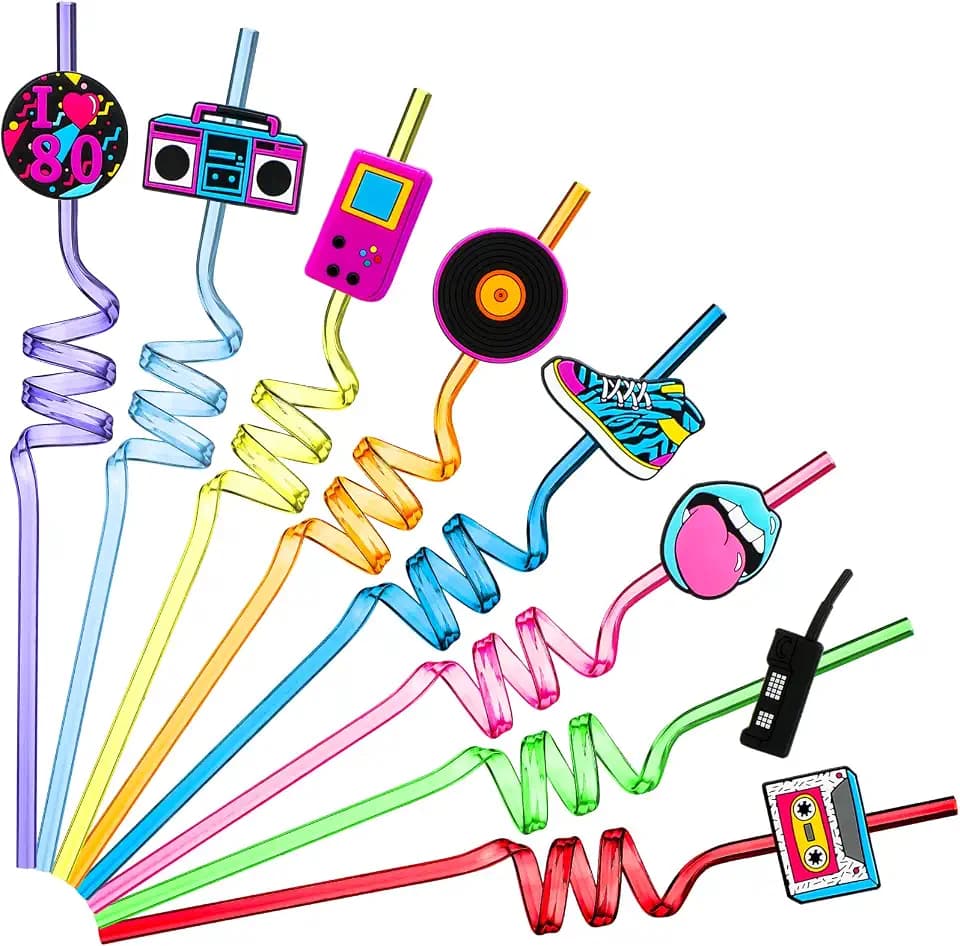 Vesici 24 Pcs 80s Theme Decor Swirly Straws, 1980's Retro Party Silly Straw
