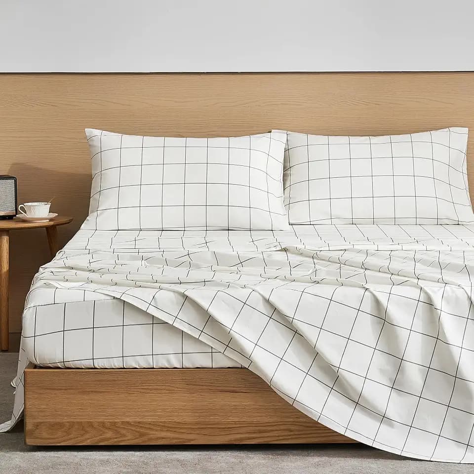 JELLYMONI 100% Cotton Sheet Set, White Plaid, Full