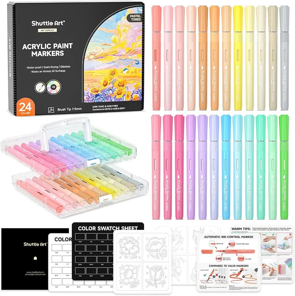 Shuttle Art 24 Pastel Colors Automatic Ink Control Acrylic Paint Markers