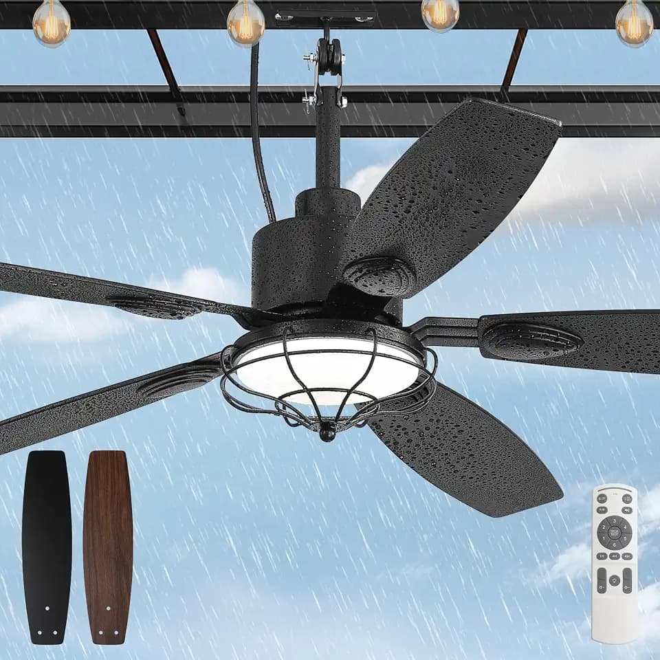 52" Outdoor Ceiling Fan with Lights IP65 Waterproof Black
