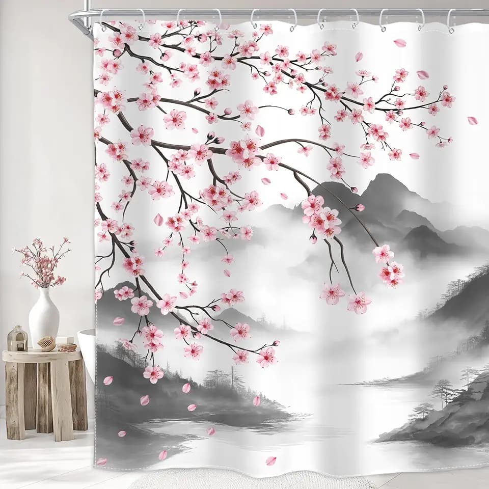 Cherry Blossom Shower Curtain Japanese Pink Gray 72Wx72H Inch Decor
