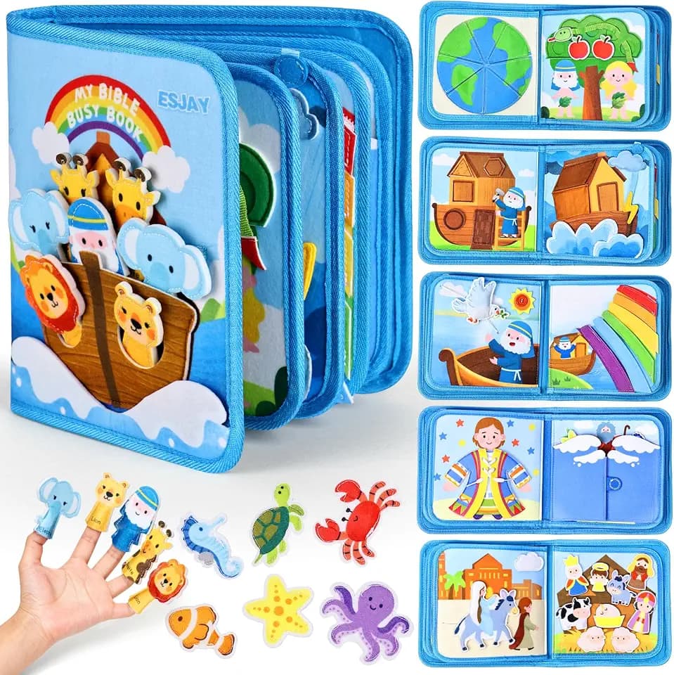 Esjay Busy Board Bible Busy Book for Toddlers, Montessori Toys 1 2 3 Year Old Toddler, Noah's Ark Toy Baptism Birthday Gifts for Boys Girls, Learning Educational Activity Book for Travel Airplane