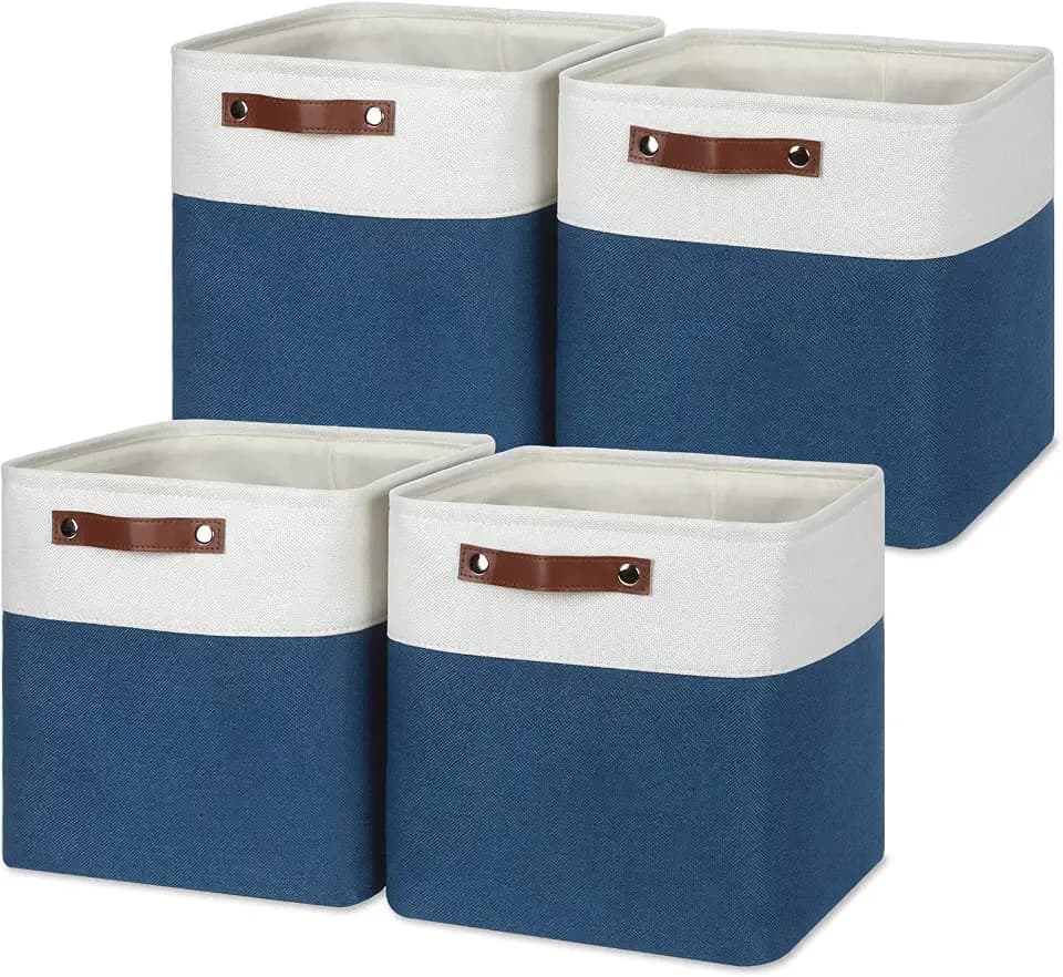 Temary Fabric Storage Cubes 4Pack Blue Fabric Storage Baskets 12 Inch Cube Storage Bins with Handles for Organizing Closet (White&Blue)