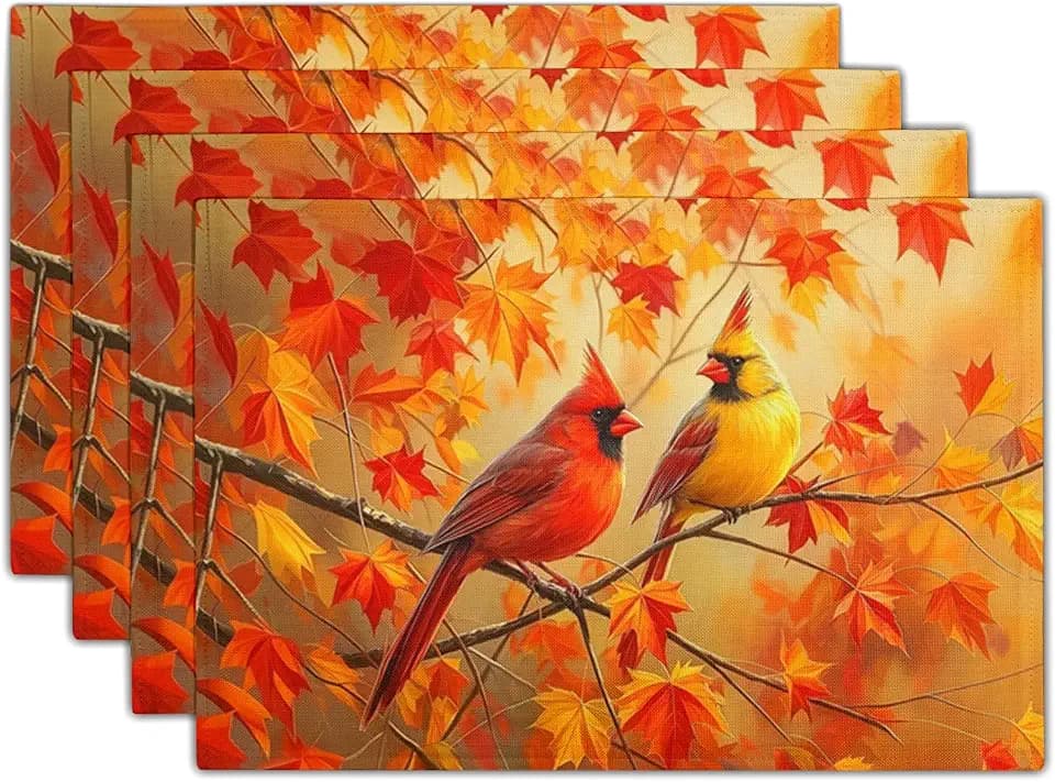 Fall Placemats 12×18 Inches Set of 4 Cardinal Maple Leaves Indoor Kitchen Dining Table Place Mats for Home Party Decoration