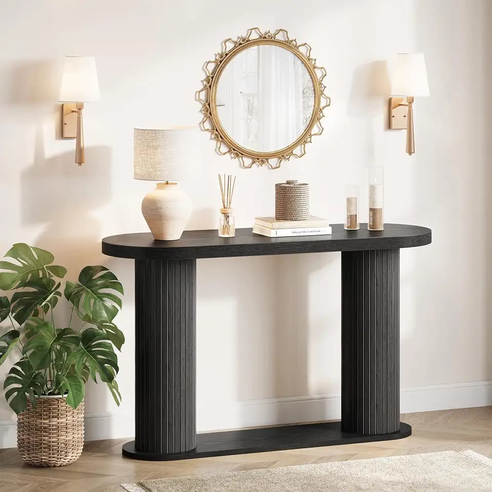 GAOMON 42.5" Oval Fluted Console Table with Storage Shelf, Black