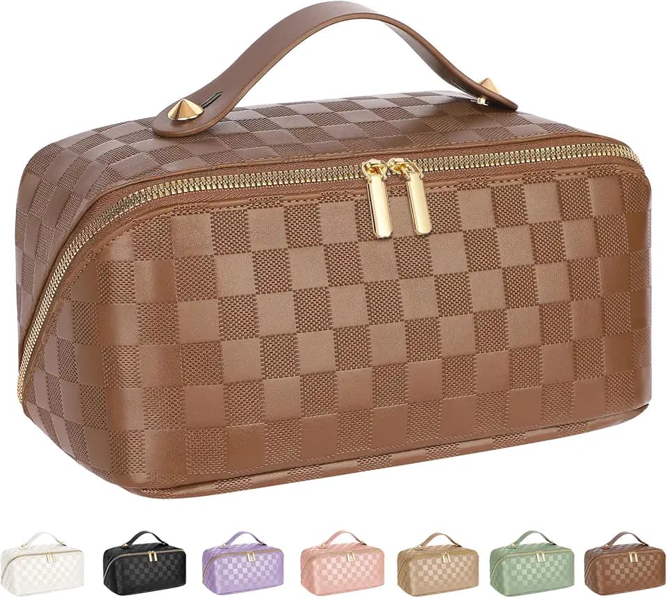 ALEXTINA Travel Makeup Bag, Checkered PU Leather Cosmetic Bag, Brown