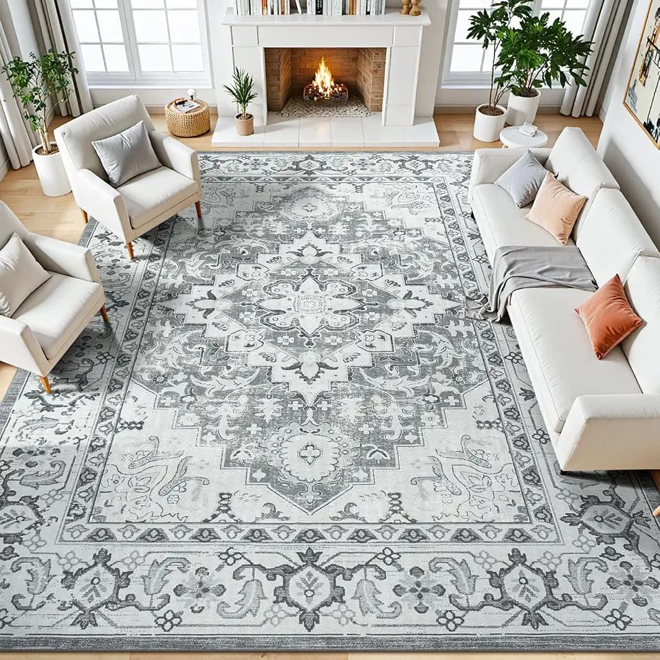 Lessymo 8 x 10 Area Rugs for Living Room, Machine Washable Rug Grey White