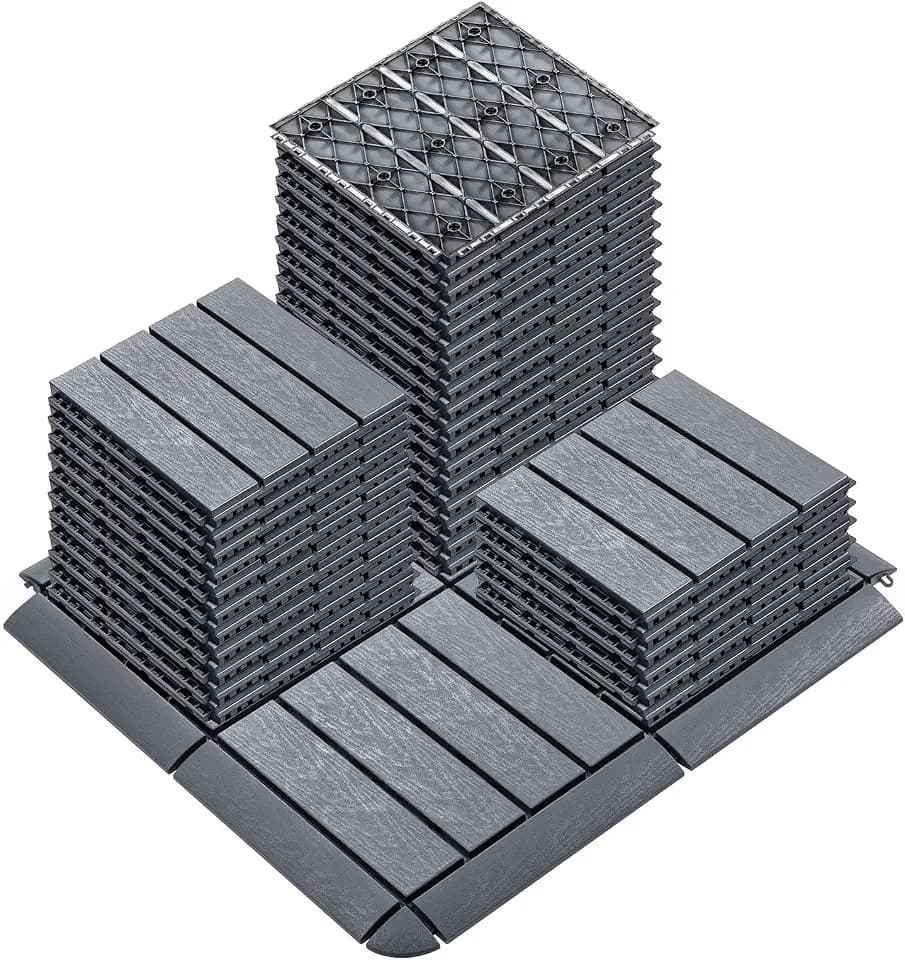 36 Pack Interlocking Deck Tiles with 24 Transition Edge Kits 11.8"x11.8" Patio Floor Tiles Waterproof Outdoor Flooring Pallets Covering for Backyard, Shed, Basement, Dark Grey